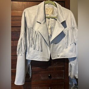 Pilcro Faux Suede Fringe Moto Jacket Wedgewood Blue Sz M - very Lt Blue NWT